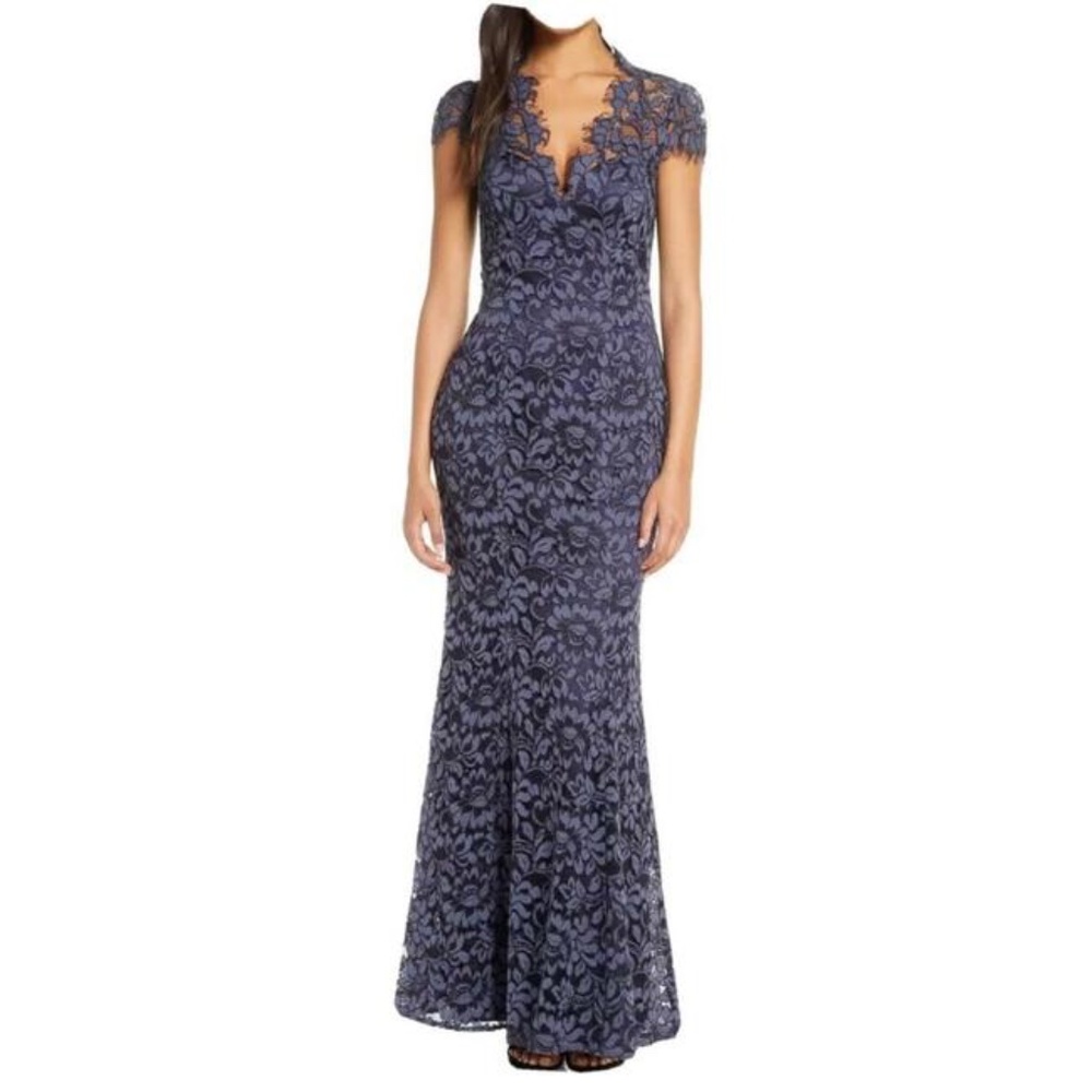 NEW Eliza J Embroidered floral Lace Bodice Trumpet Gown size 14 navy blue NWT